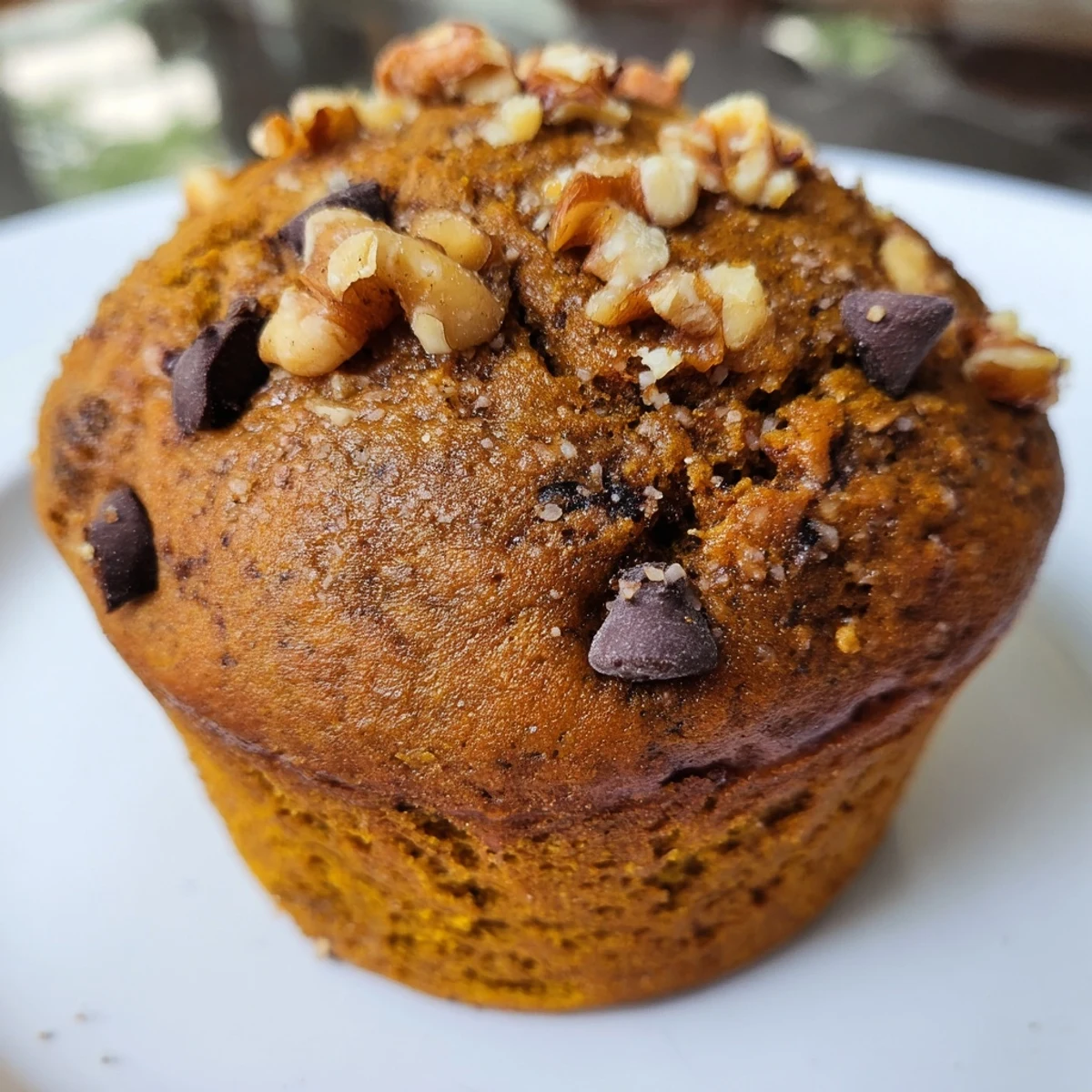 Batch of twelve fluffy Pumpkin Banana Muffins cooling on a wire rack with chocolate chip tops