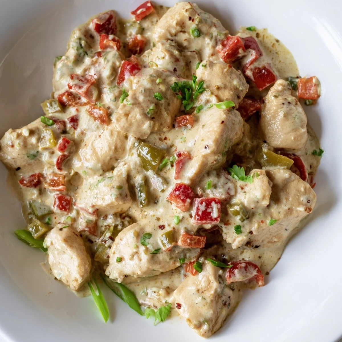 Creamy Cajun chicken rice bowl featuring tender spiced chicken over fluffy white rice with colorful bell peppers in a rich, velvety sauce