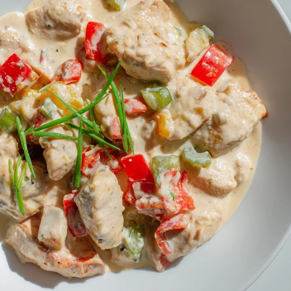Vibrant Cajun chicken rice bowl topped with seasoned chicken pieces, red and green peppers, and a luscious cream-based sauce
