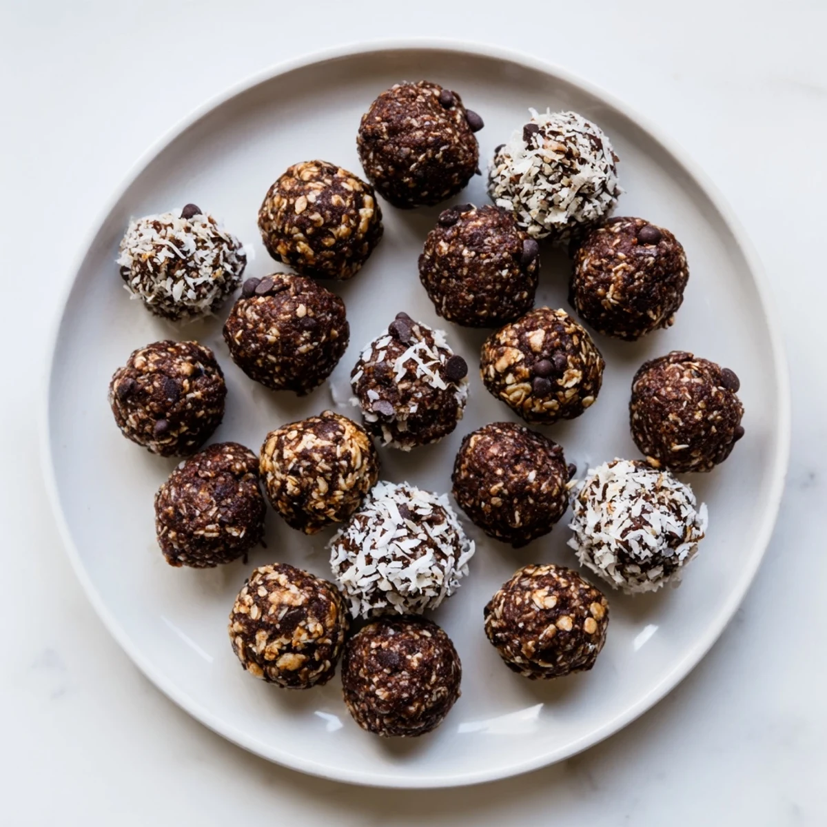 Bite-sized no bake brownie bites coated in shredded coconut and mini chocolate chips on a white plate