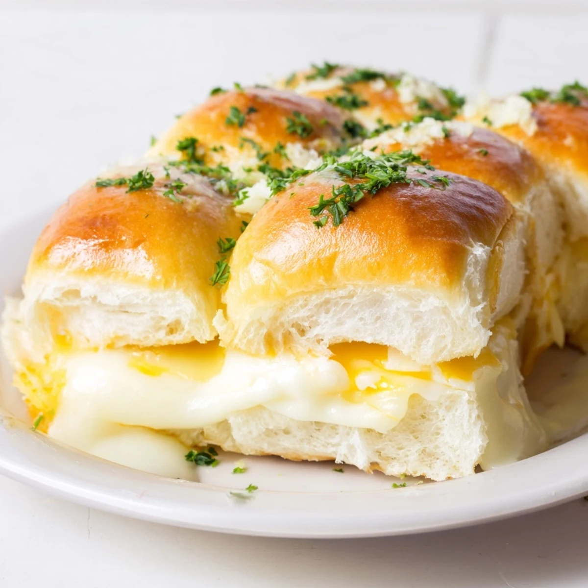 Golden brown mini grilled cheese Hawaiian rolls topped with melted mozzarella and cheddar cheese on a baking sheet