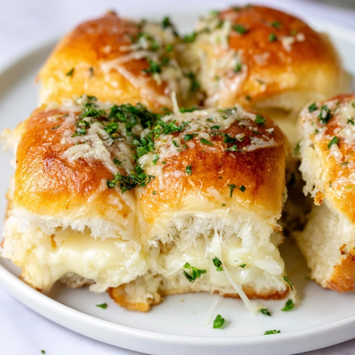 Sweet Hawaiian roll sliders stuffed with gooey cheese and brushed with garlic butter for a warm appetizer