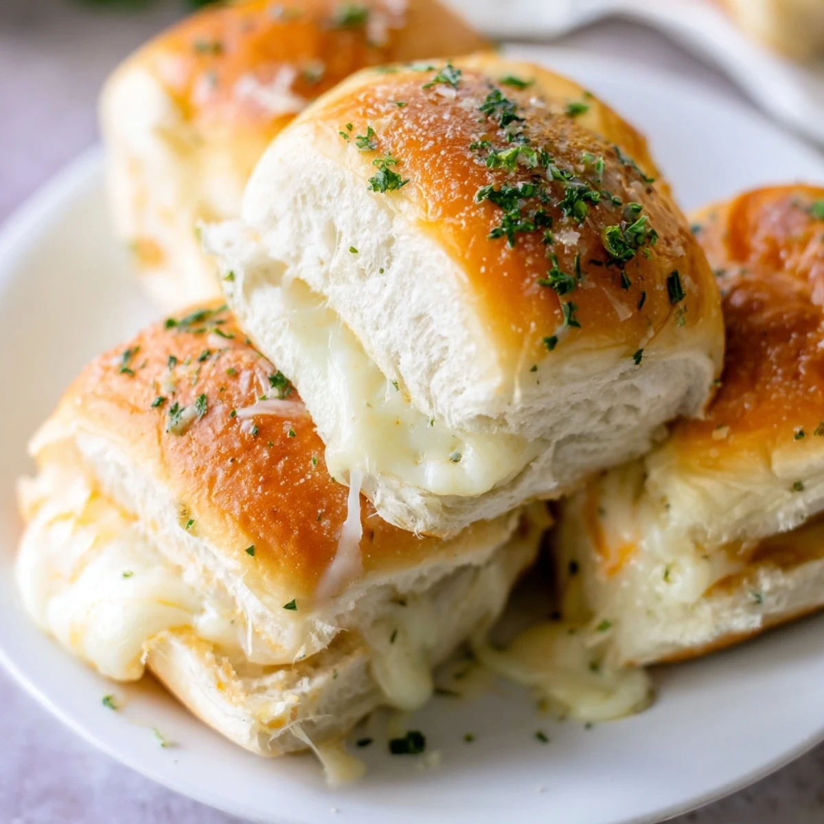 Bite-sized Hawaiian grilled cheese rolls with golden tops and layers of melted cheddar and mozzarella inside