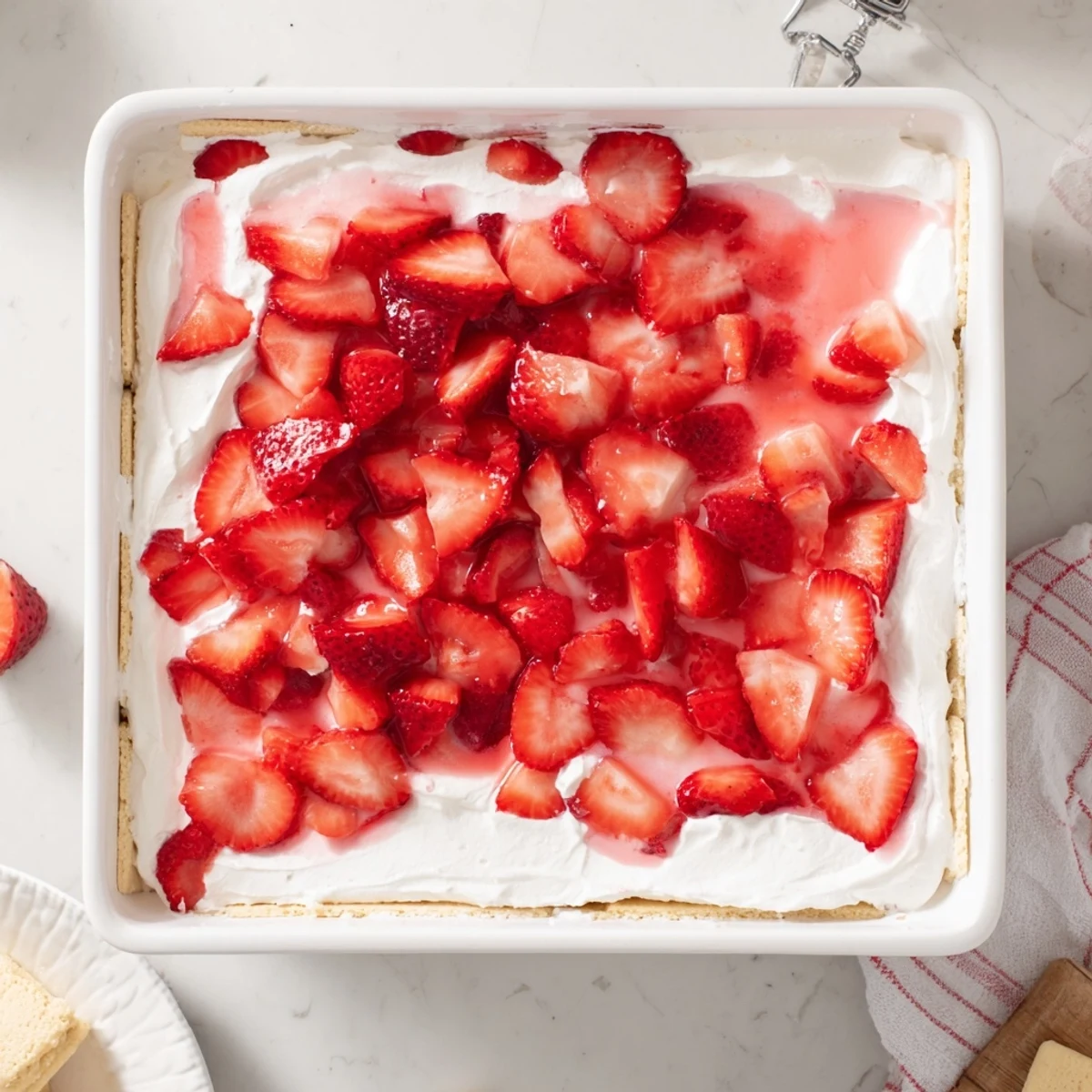 Layered no bake strawberry shortcake dessert with whipped cream, juicy strawberries, and tender shortbread cookies in a square glass dish