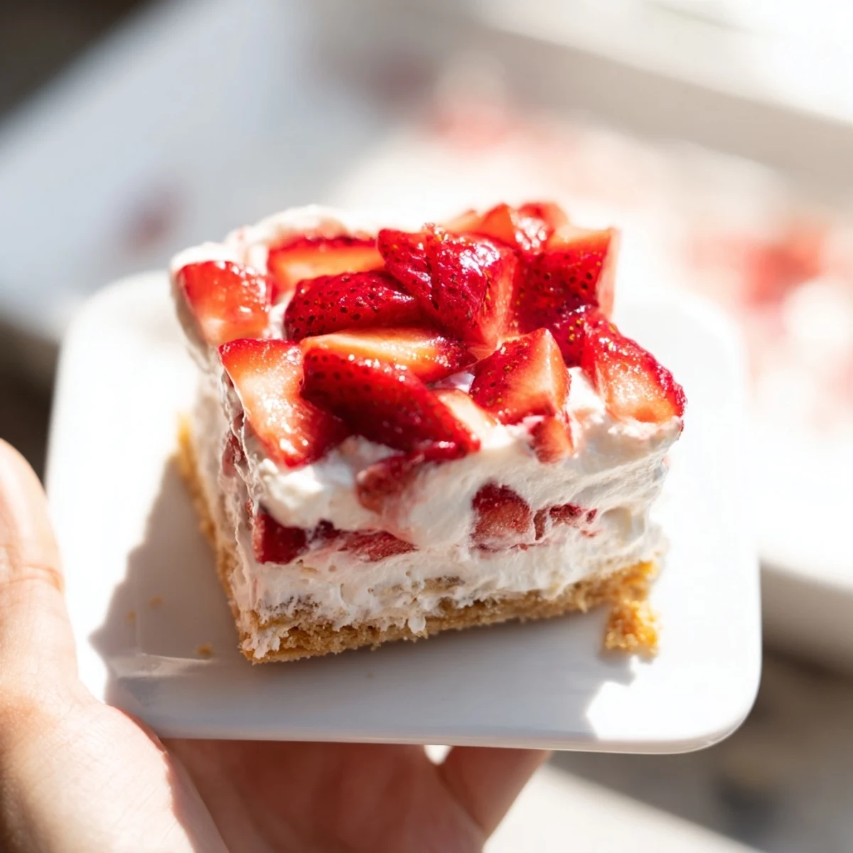 Creamy no bake strawberry shortcake dessert showcasing alternating layers of sweetened berries and vanilla cream filling