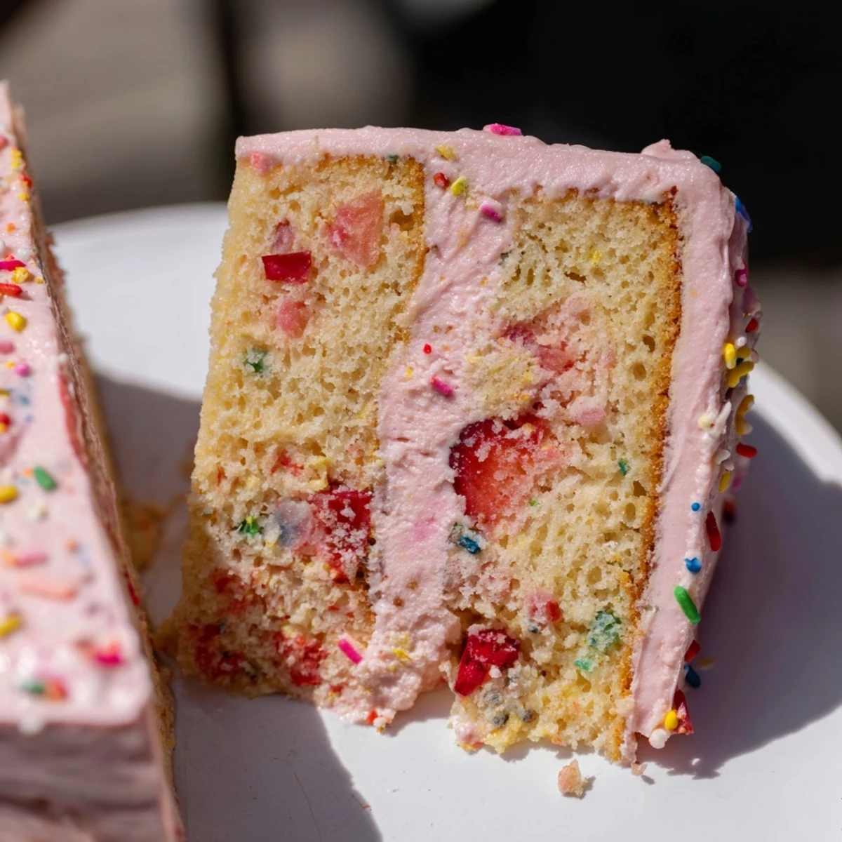 Pink strawberry funfetti cake layered with creamy strawberry buttercream and colorful sprinkles on top