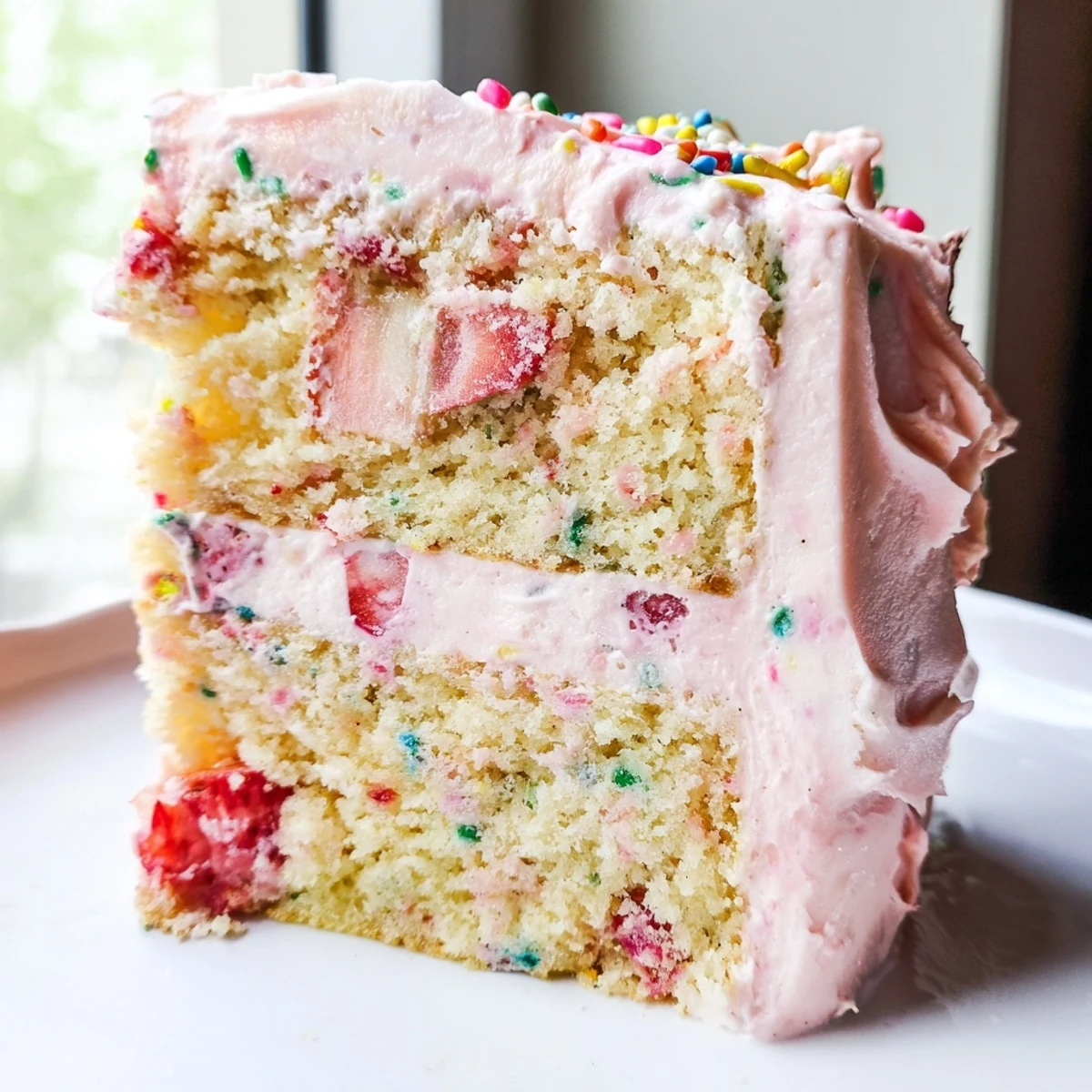 Slice of strawberry funfetti cake showing fresh strawberry pieces and rainbow sprinkles in the crumb