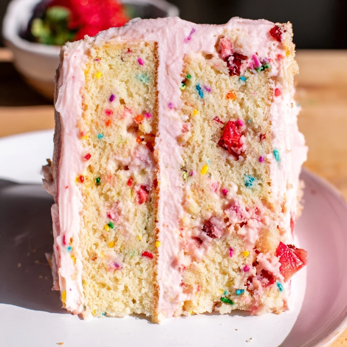Homemade strawberry funfetti cake frosted with pink strawberry buttercream for birthday celebrations