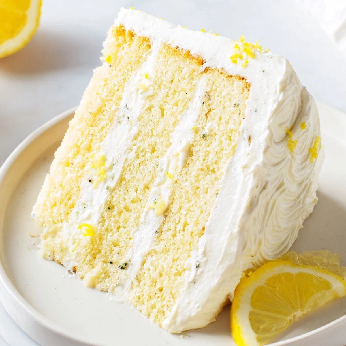 Golden lemon birthday cake with fluffy white cream cheese frosting and fresh lemon slice garnish
