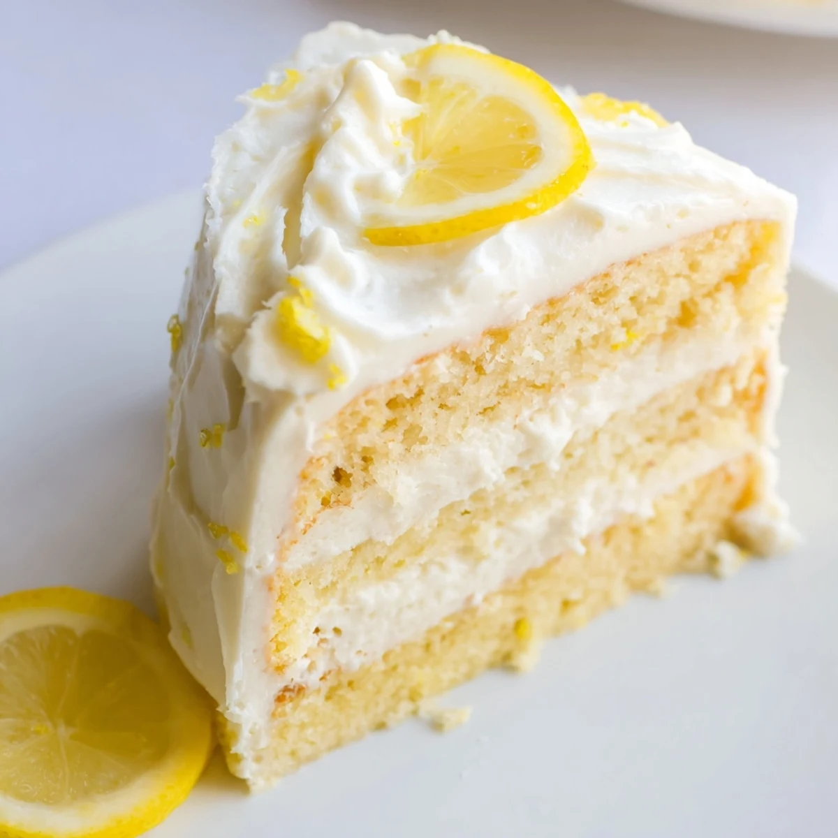 Slice of moist lemon birthday cake revealing tender yellow crumbs beneath velvety lemon cream cheese frosting