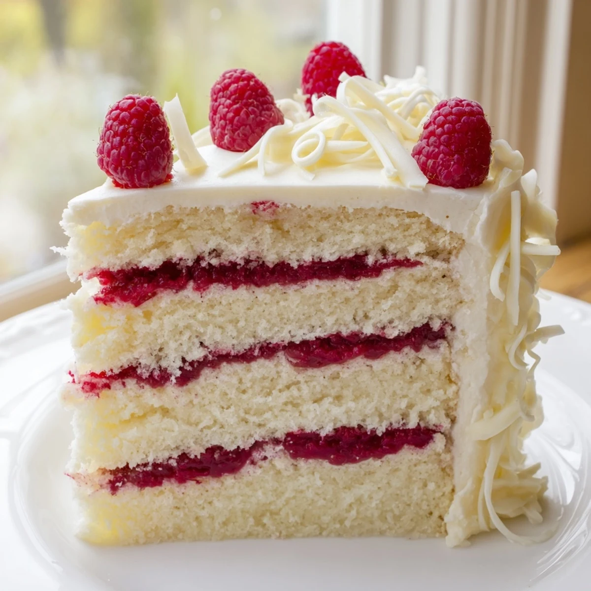 Triple layer white chocolate raspberry dream cake with creamy frosting and fresh raspberry garnish