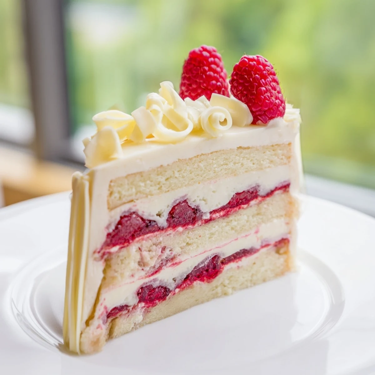 Decadent white chocolate raspberry dream cake topped with white chocolate curls and plump red berries