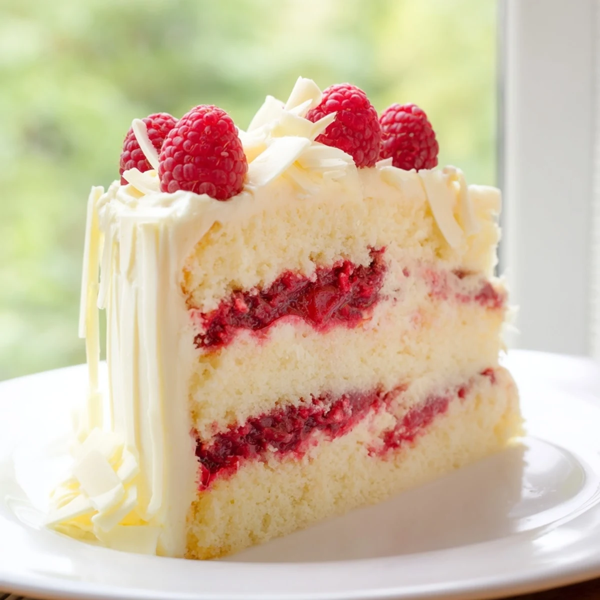 Elegant white chocolate raspberry dream cake sliced to reveal moist sponge and tart fruit filling