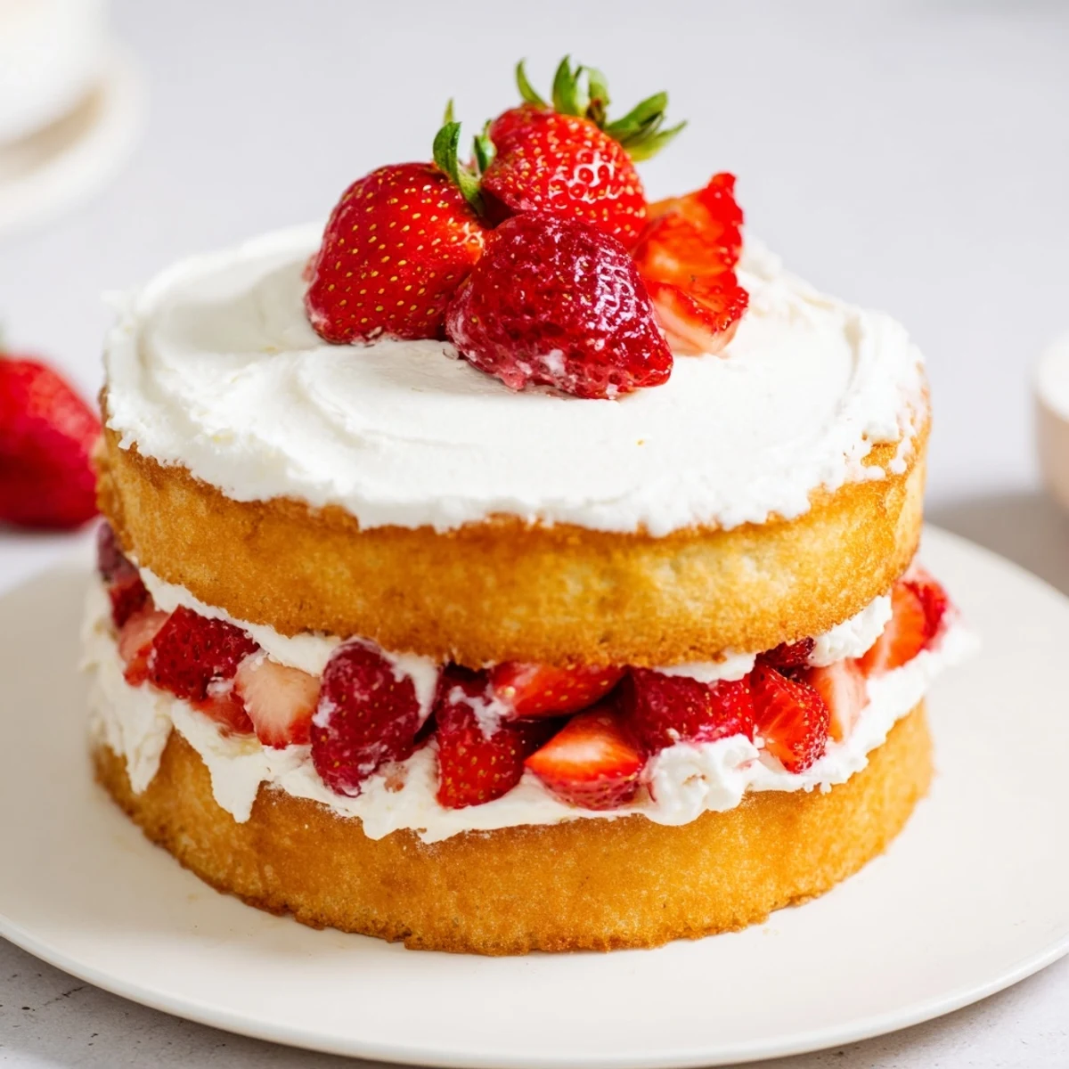 Golden slice of strawberry shortcake cake revealing fluffy vanilla layers with juicy red berries and sweet whipped cream