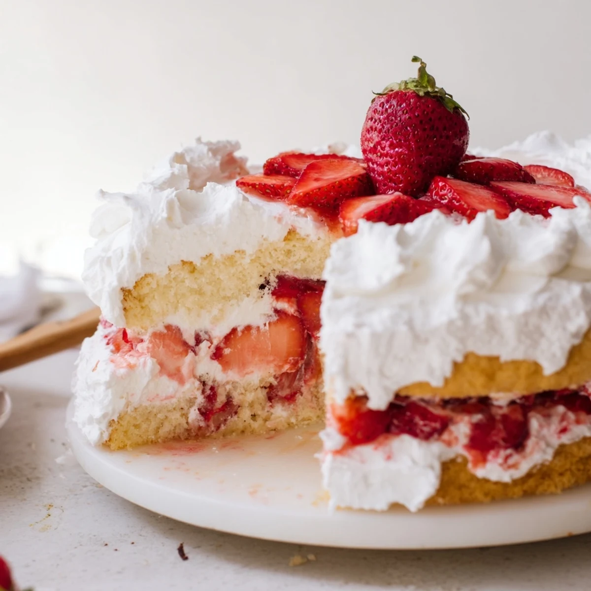 Rustic strawberry shortcake cake topped with fresh strawberries and clouds of vanilla whipped cream on a white plate