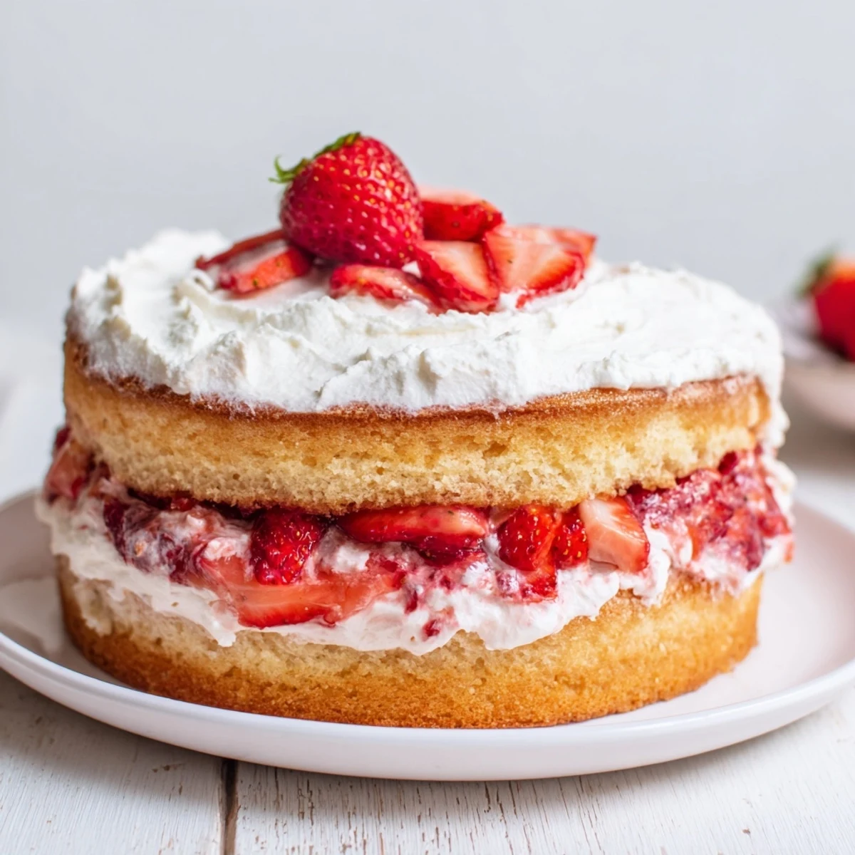 Slice of strawberry shortcake cake showing cross-section of tender vanilla sponge sandwiching macerated strawberries and cream
