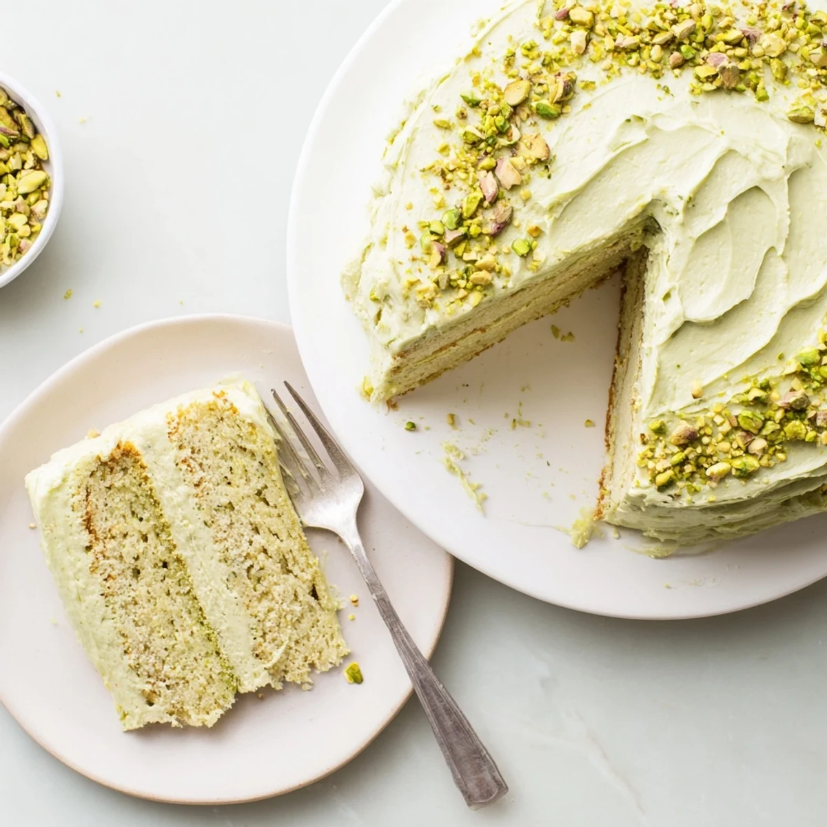 Slice of pistachio cake with creamy buttercream frosting, topped with chopped nuts
