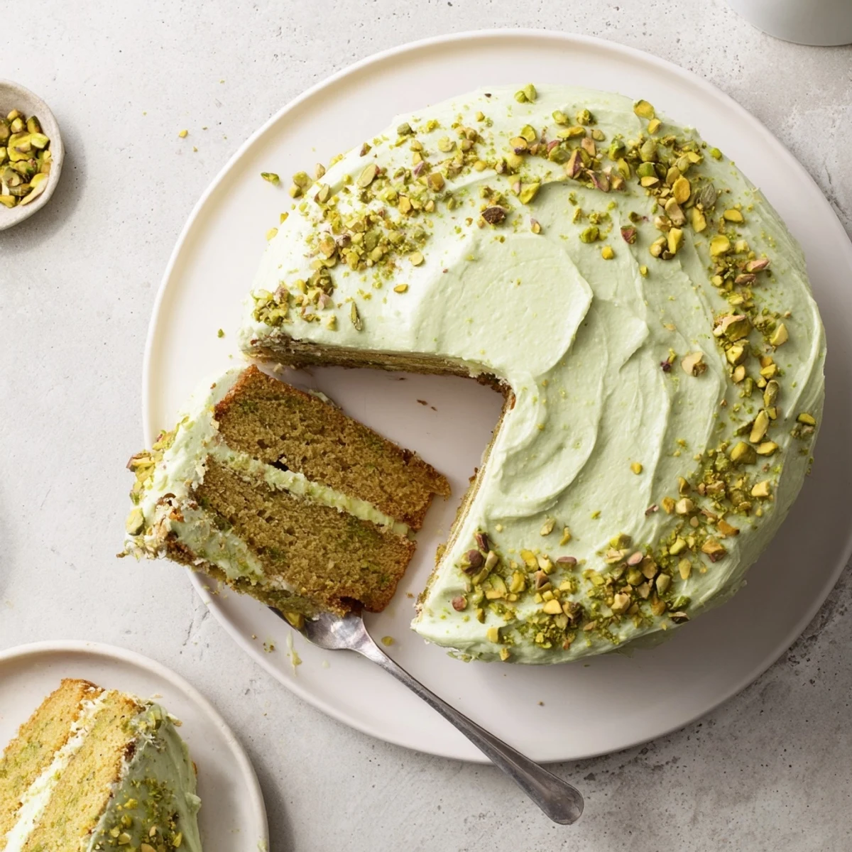 Moist pistachio cake slice revealing tender crumb with thick swirled buttercream topping