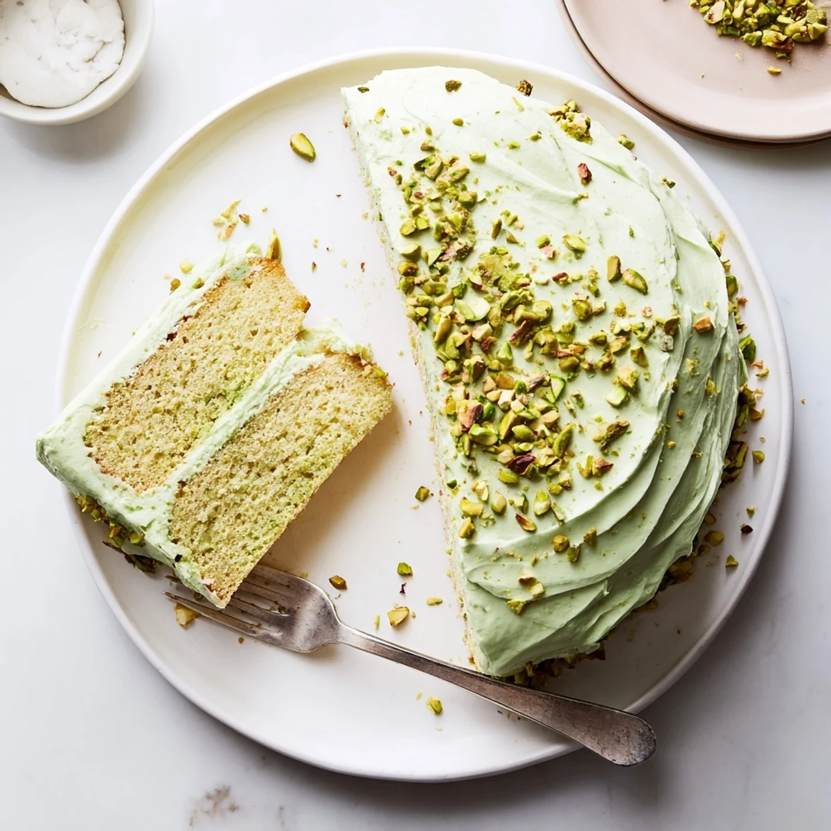 Two-layer pistachio cake frosted with green buttercream and garnished with pistachio pieces