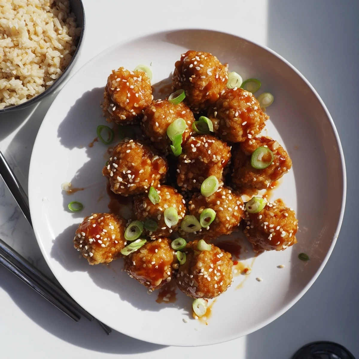 Golden sweet chili tofu balls glistening with sticky red sauce and sesame seed garnish
