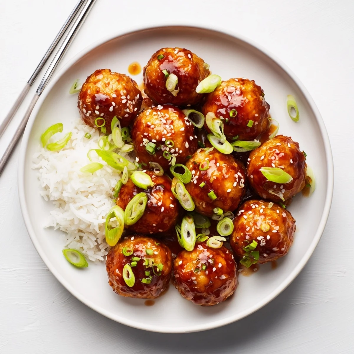 Crispy baked tofu balls coated in tangy sweet chili glaze served over white rice