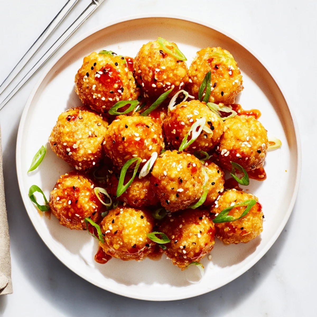 Vegan appetizer of sweet chili tofu balls topped with fresh scallions and extra sesame seeds