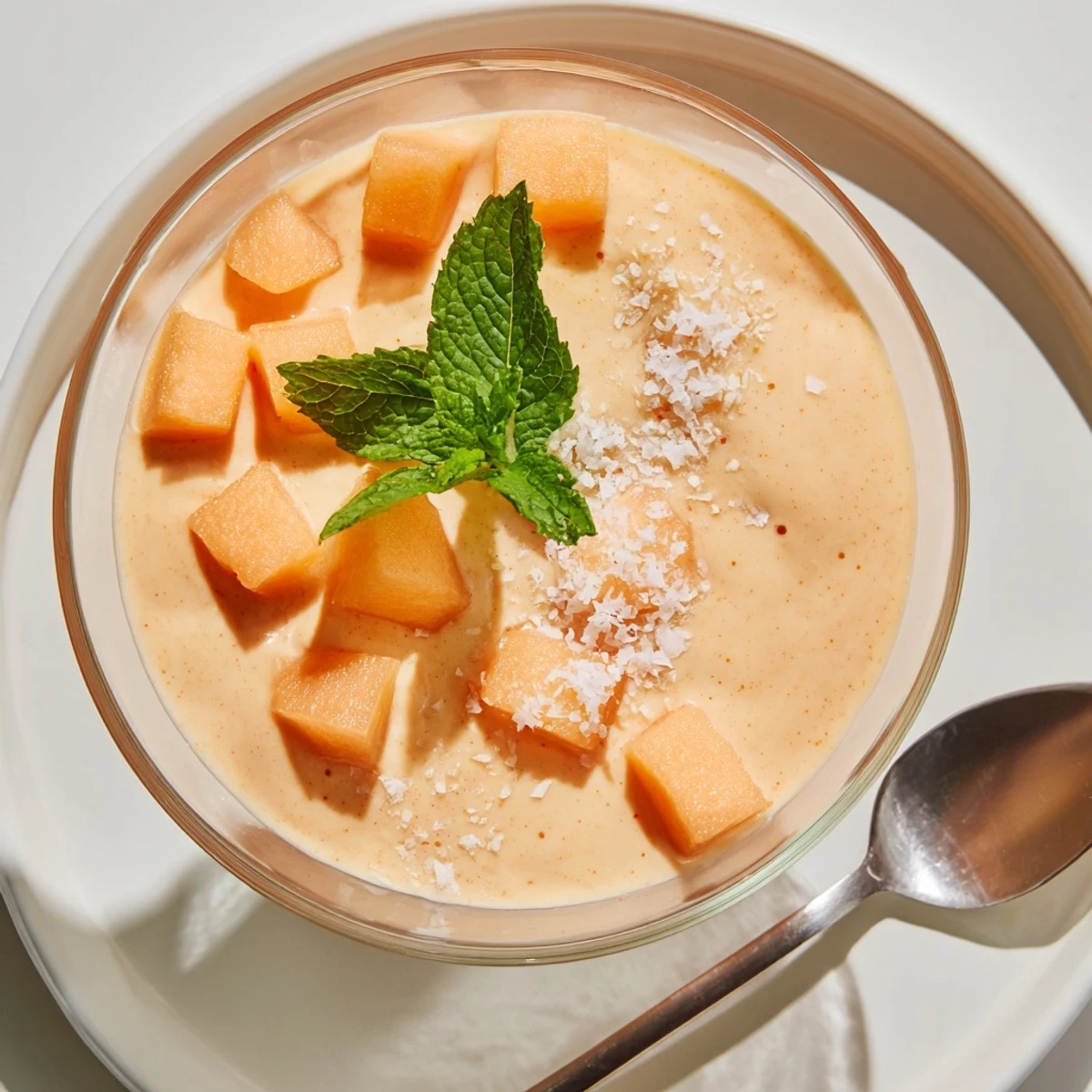 Creamy cantaloupe sea salt dessert topped with fresh mint and flaky salt crystals
