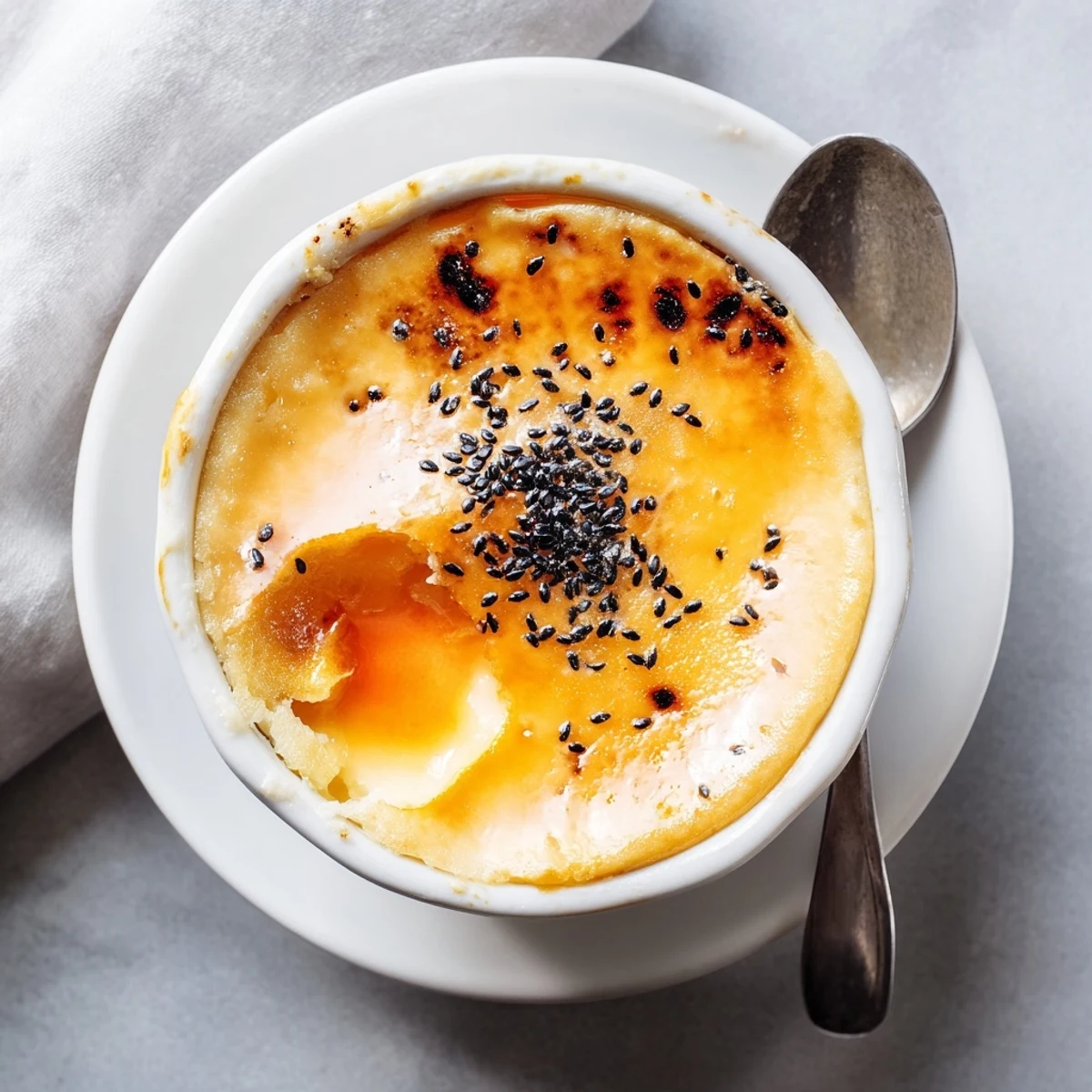 Japanese sweet potato crème brûlée featuring torched sugar crust over creamy vibrant custard