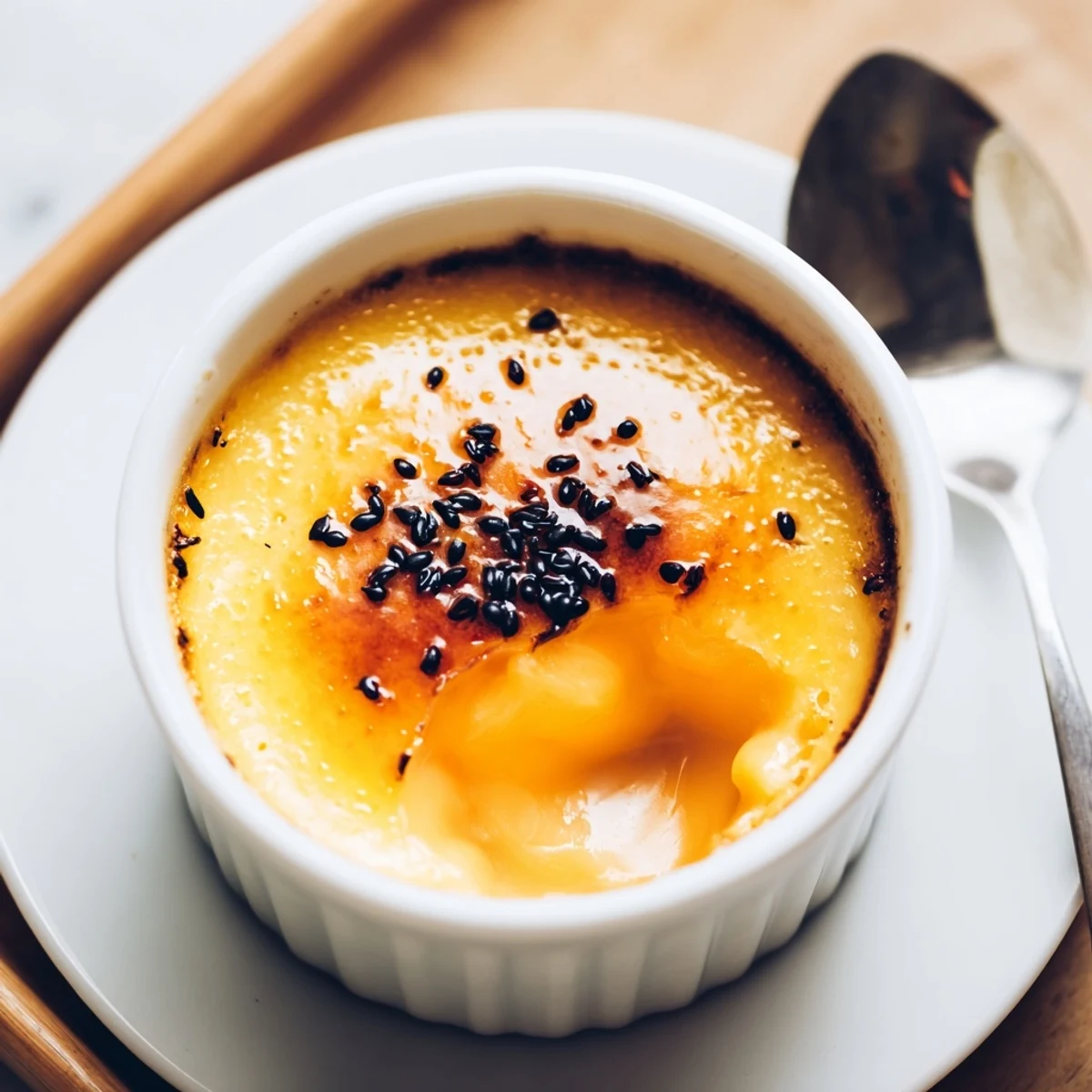 Golden cracked caramel tops smooth purple sweet potato custard in individual ramekins