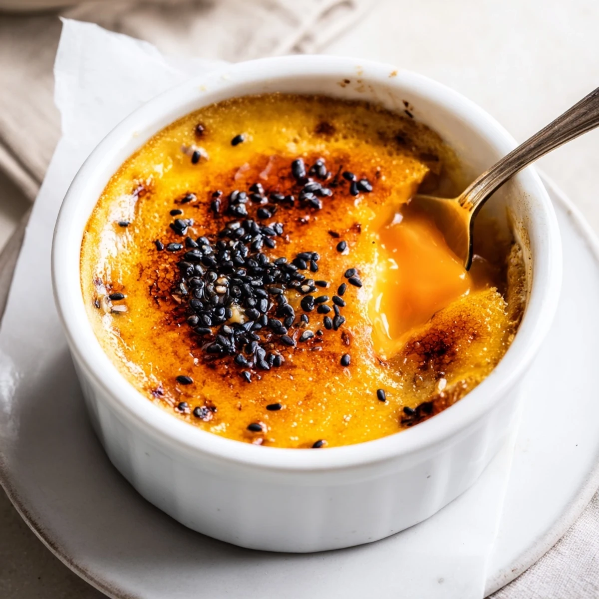 Silky baked sweet potato dessert with crisp caramelized sugar layer served chilled