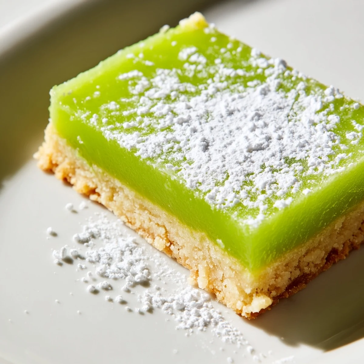 Buttery shortbread crust topped with bright green lime filling cut into neat squares