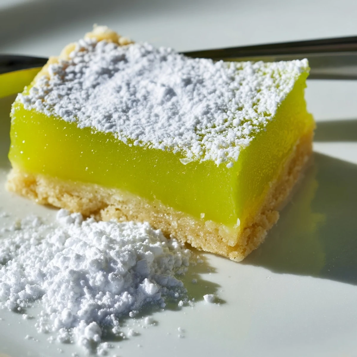 Golden Zesty Lime Citrus Bars dusted with powdered sugar on a white serving plate