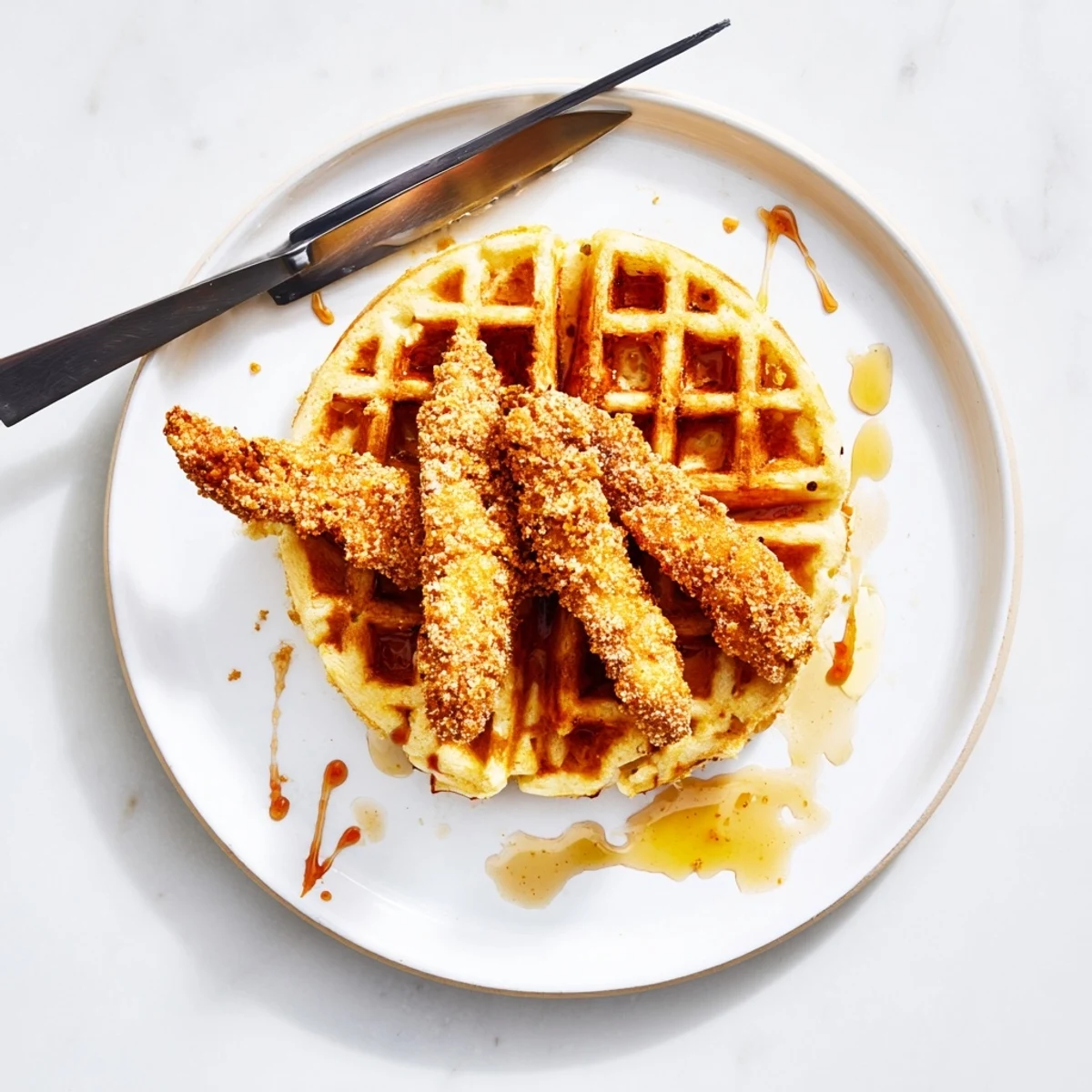Crispy fried mushroom chicken stacked atop fluffy homemade waffles topped with spicy maple syrup