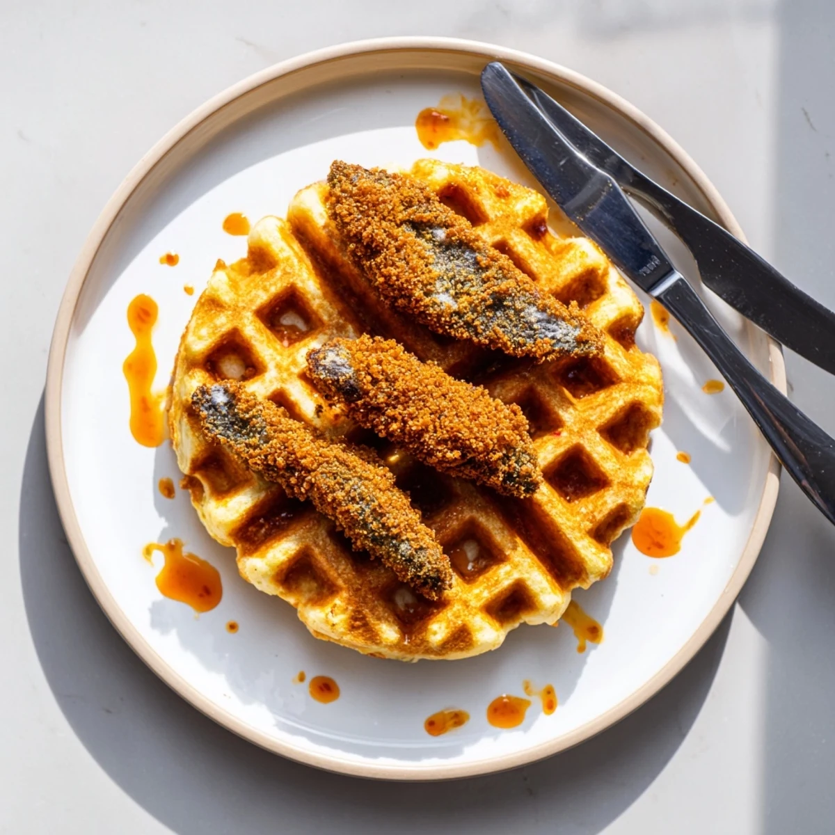 Golden vegan chicken and waffles drizzled with maple hot sauce for a soulful Juneteenth brunch