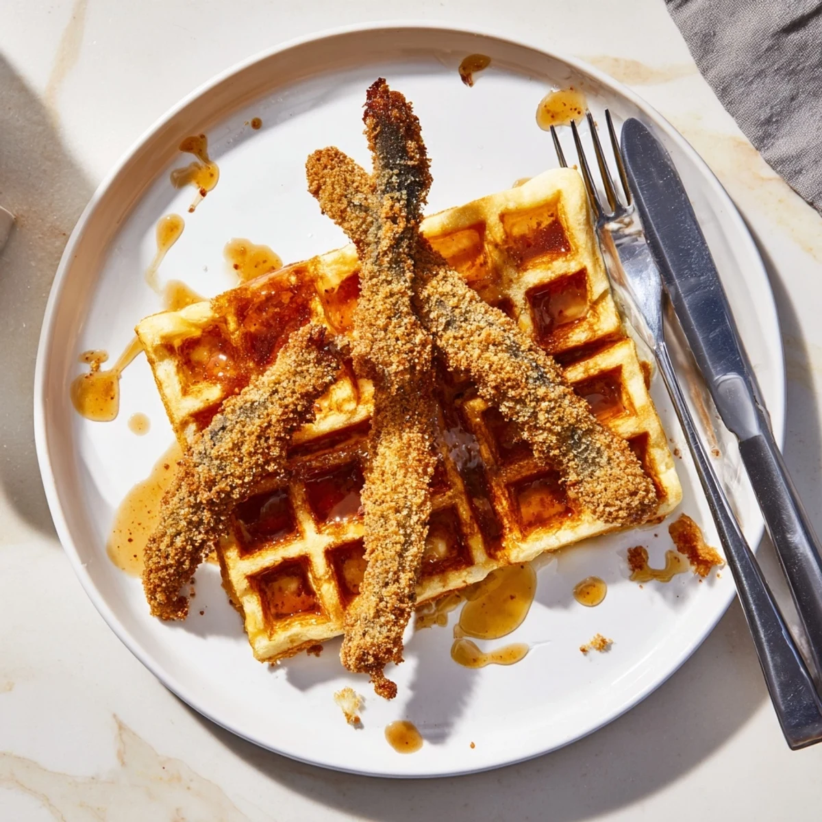 Plant-based Southern comfort food featuring golden waffles and breaded oyster mushroom strips for a celebratory feast