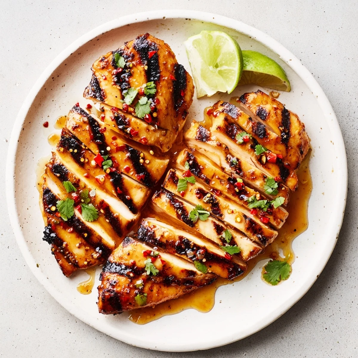 Grilled Spicy Honey Lime Chicken glistening with caramelized edges and fresh cilantro.  