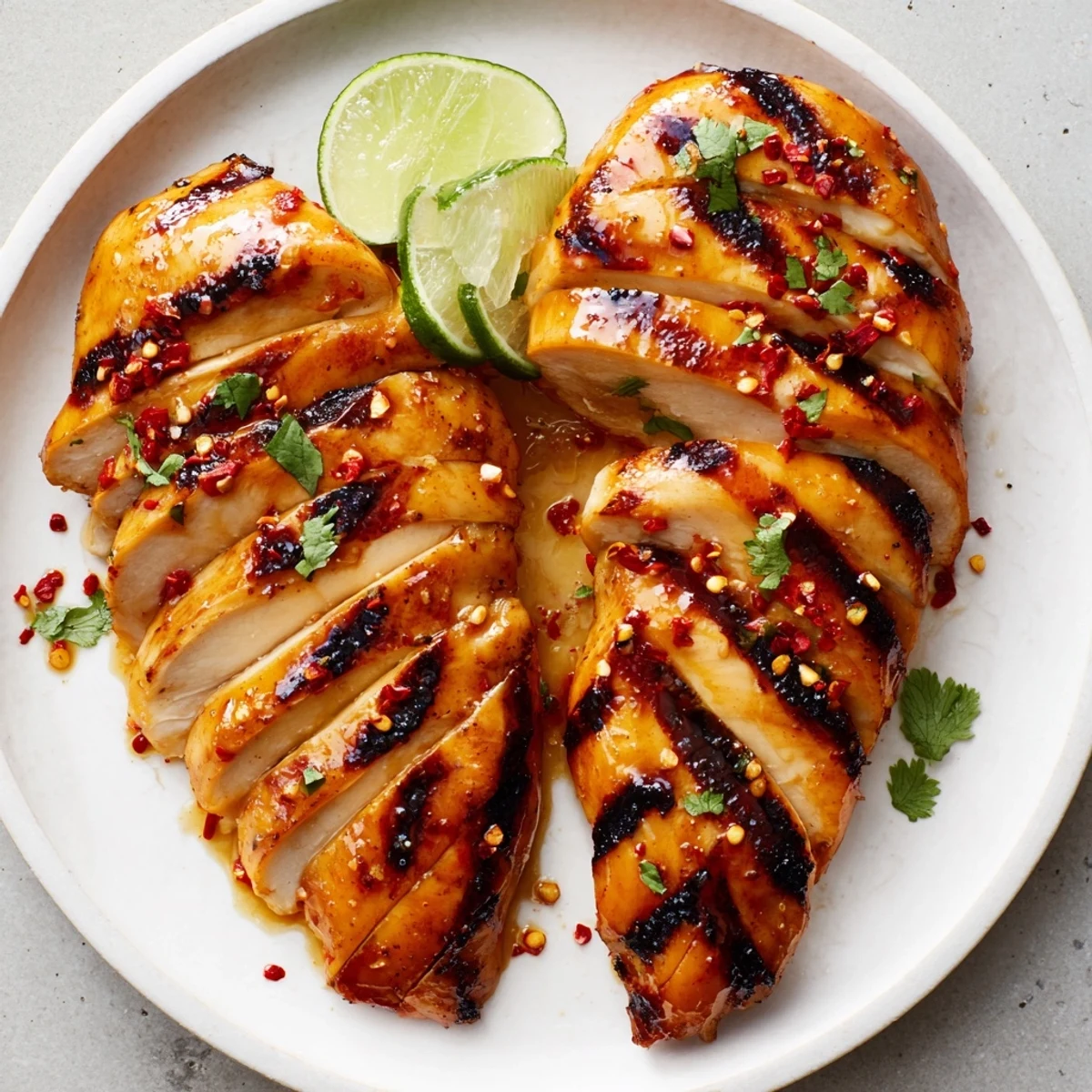 Plate of Grilled Spicy Honey Lime Chicken sliced, served with lime wedges.  