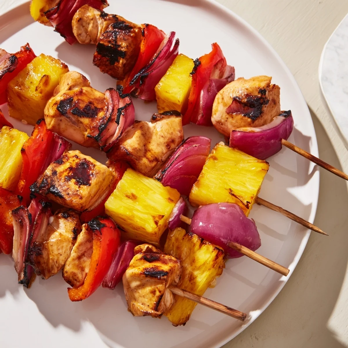 Golden grilled Hawaiian turn turn chicken kebabs with colorful peppers and charred pineapple chunks on skewers