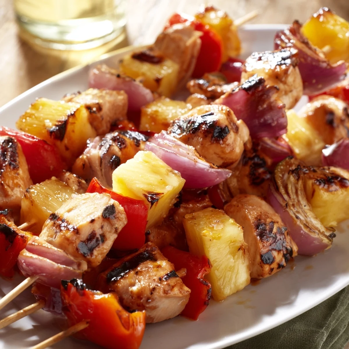 Tropical Hawaiian chicken skewers featuring glazed meat and vibrant vegetables cooked to juicy perfection