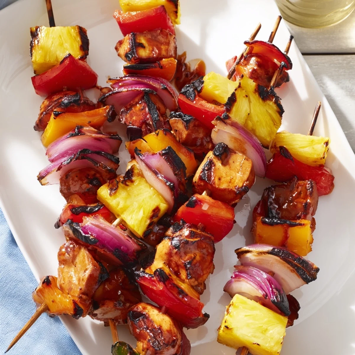 Succulent marinated chicken kebabs threaded with red bell peppers onions and sweet pineapple freshly grilled