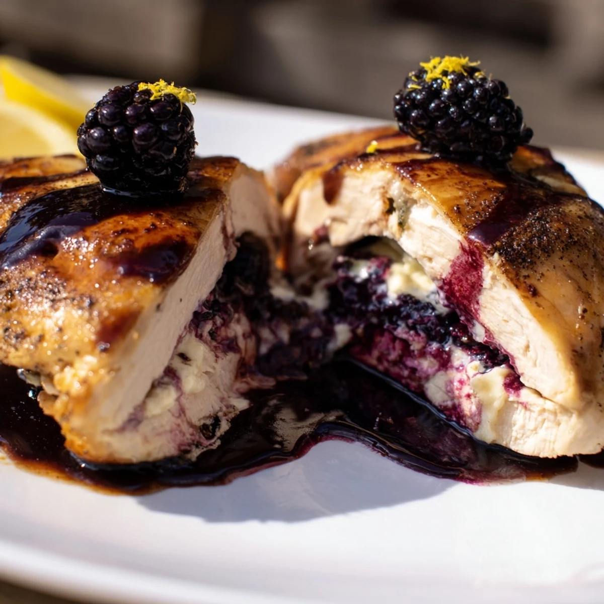 Golden brown stuffed chicken breast oozing sweet spicy blackberry cream cheese filling on white plate