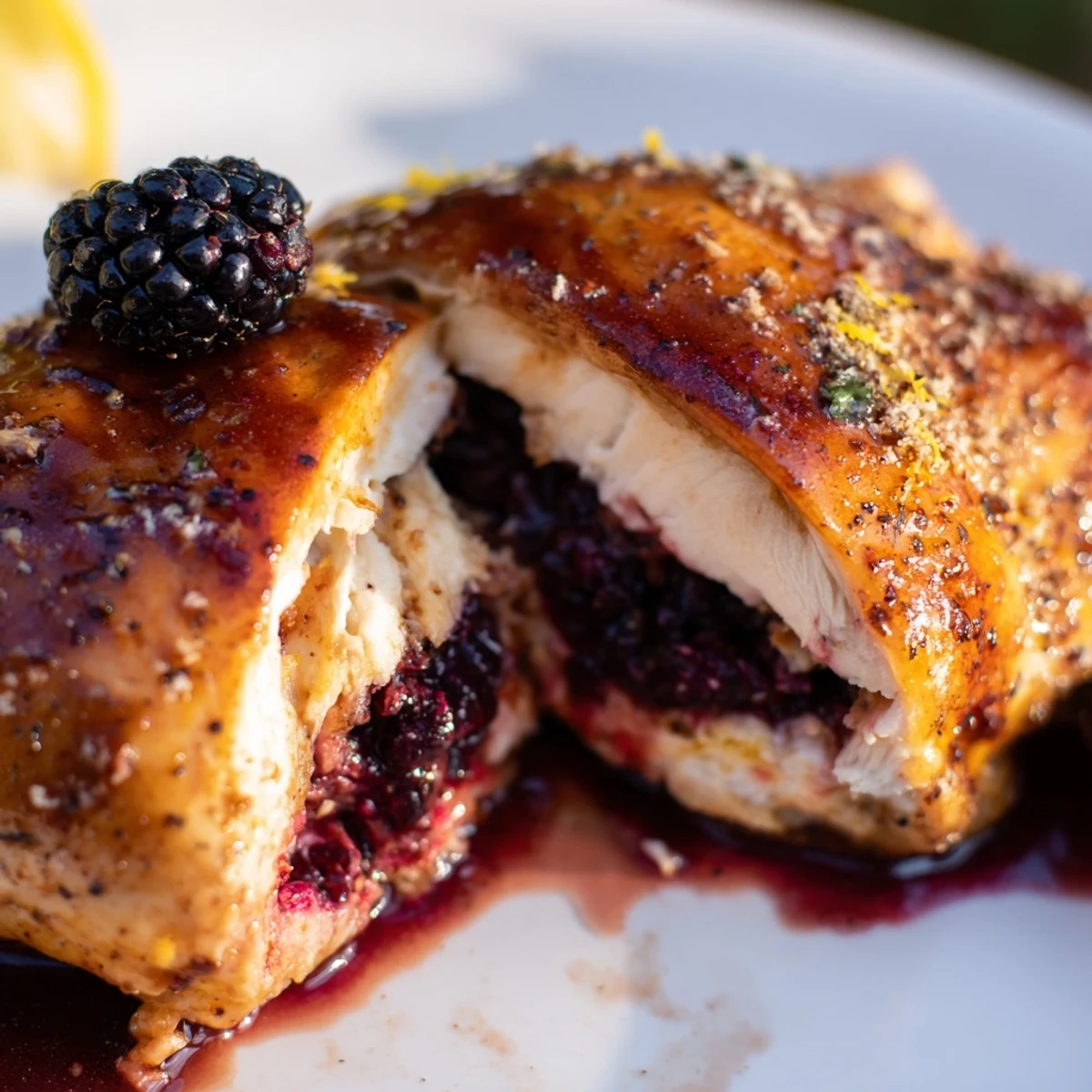 Whole roasted chicken breast cut open to reveal vibrant purple blackberry cream cheese center