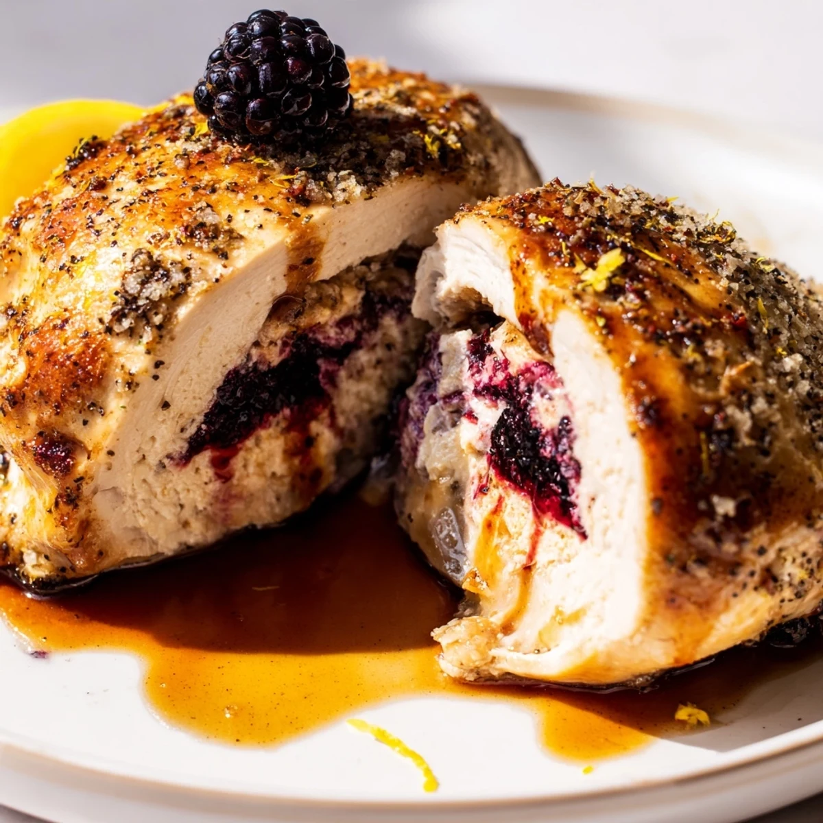 Succulent baked chicken with honey blackberry jalapeño stuffing and balsamic glaze drizzled generously
