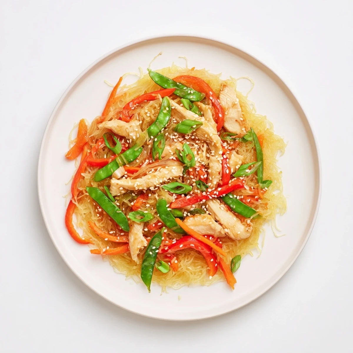 Golden roasted spaghetti squash strands tossed with sliced chicken and colorful vegetables in savory Asian sauce