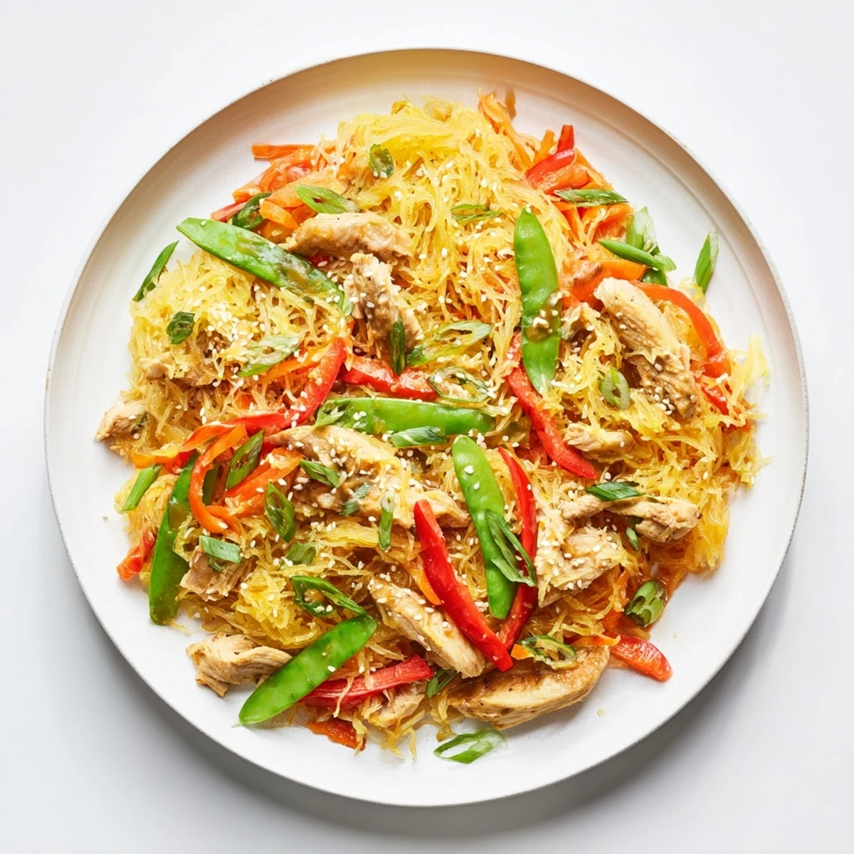 Savory spaghetti squash chicken chow mein stir-fry with shredded vegetables sesame seeds and green onions garnish