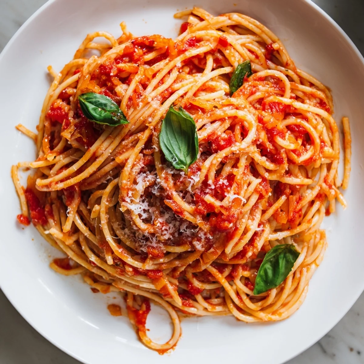 Tender al dente pasta noodles coated in rich homemade tomato sauce topped with grated Parmesan cheese
