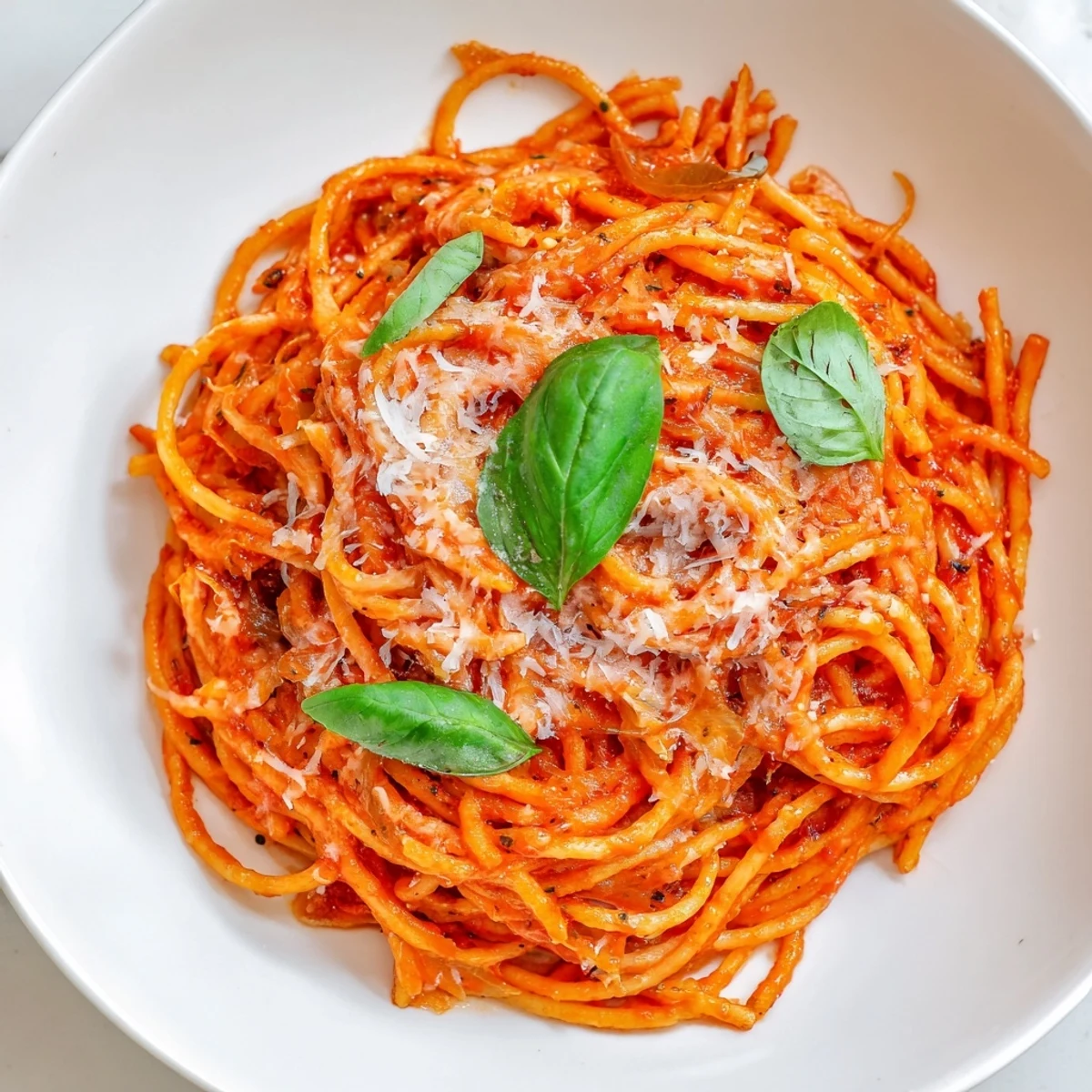 Steaming bowl of classic Italian pasta tossed in vibrant red tomato sauce with fresh basil garnish