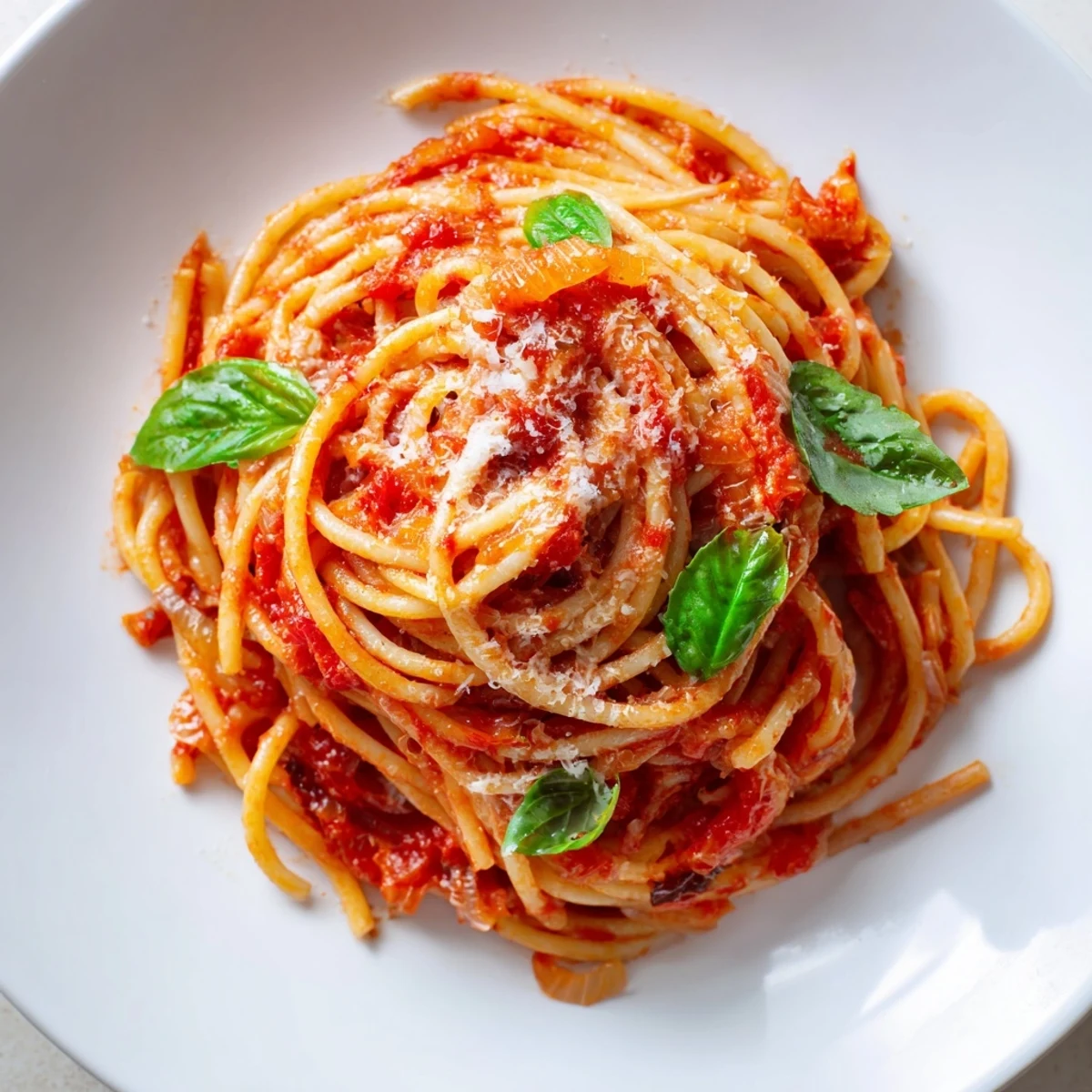 Golden tangle of pasta served in savory tomato basil sauce with sprinkled herbs and cheese shavings