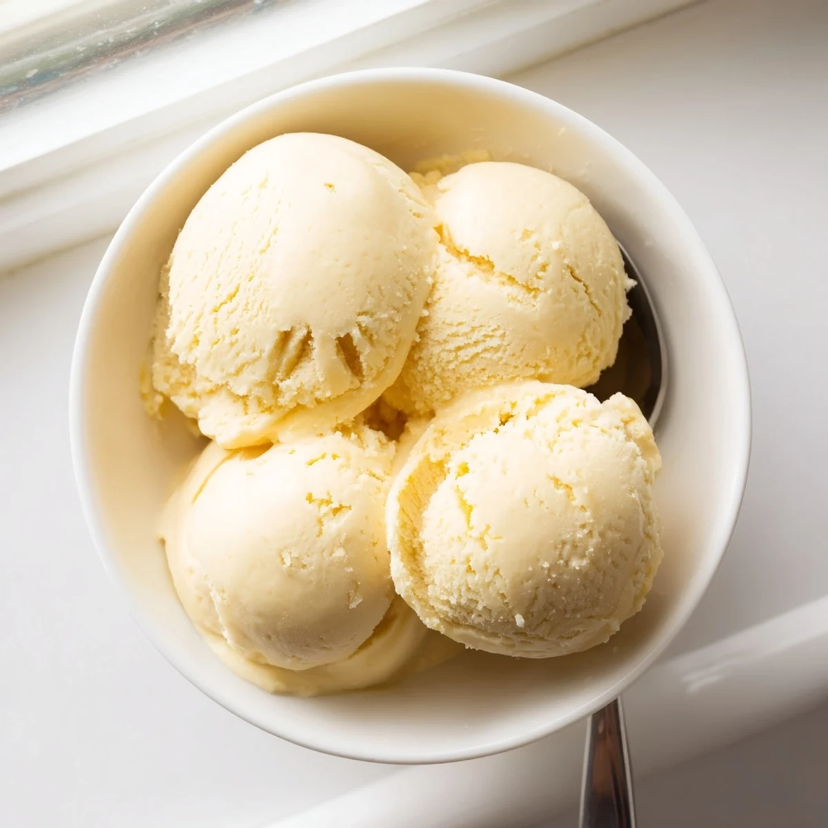 Golden scoops of vanilla ice cream recipe served in a vintage waffle cone with sprinkles