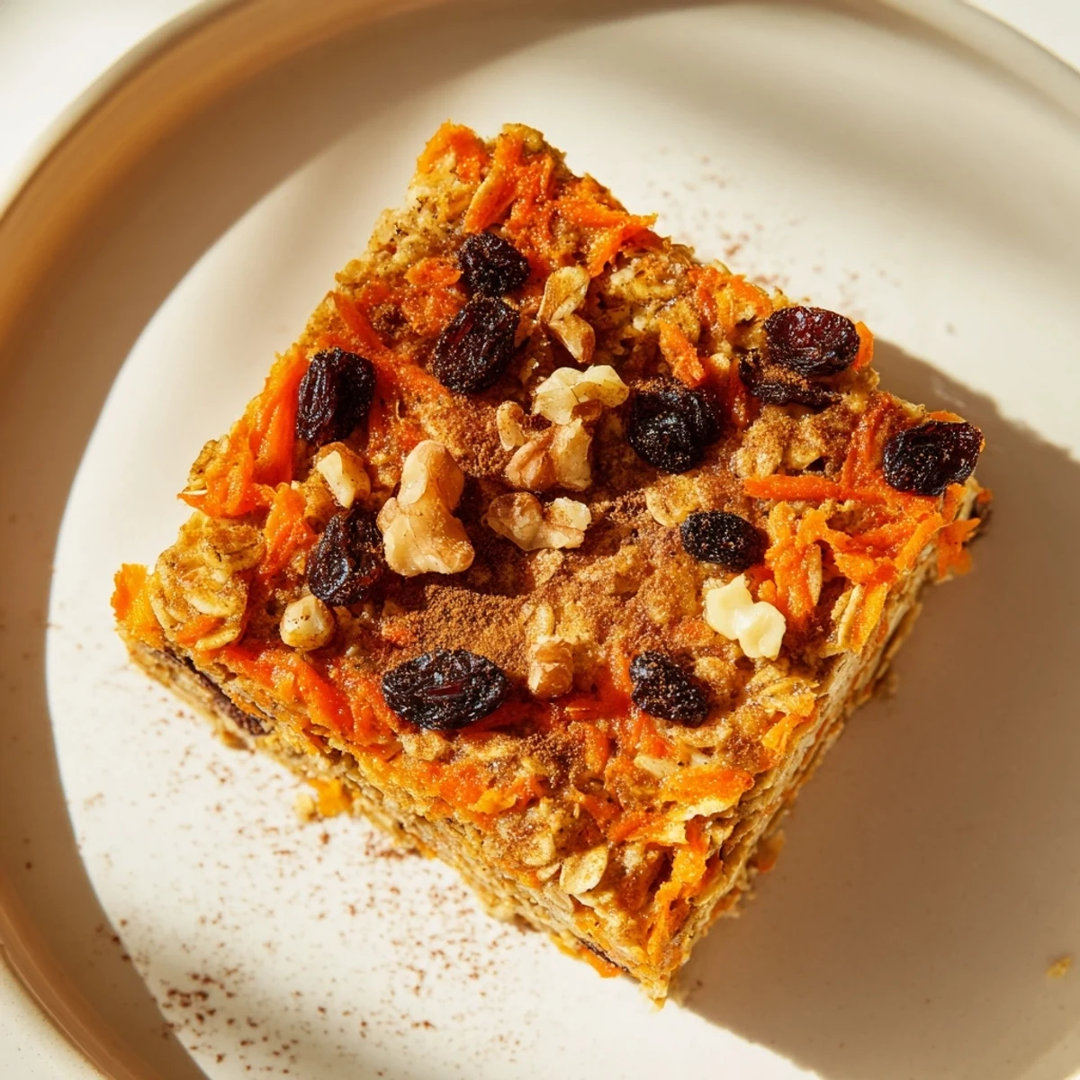 Warm spiced carrot cake baked oatmeal served in a bowl with creamy yogurt and maple drizzle